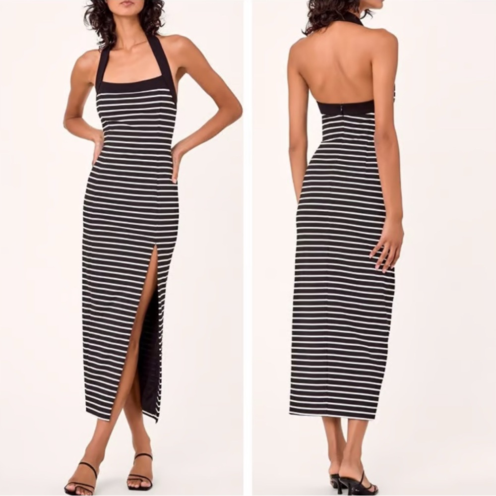 Nicholas - women’s Jane long Midi Black & White Striped Halter Dress W slit SZ S